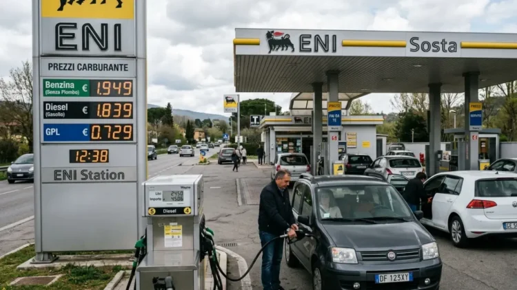 Pompa di benzina in un distributore con aggiornamento dei prezzi carburanti