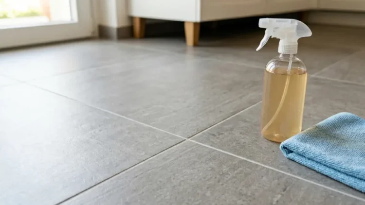 Dettaglio di fughe del pavimento pulite con rimedi naturali e flacone spray