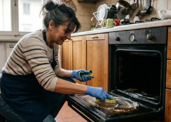 Pulizia del forno domestico con spugna e prodotti naturali