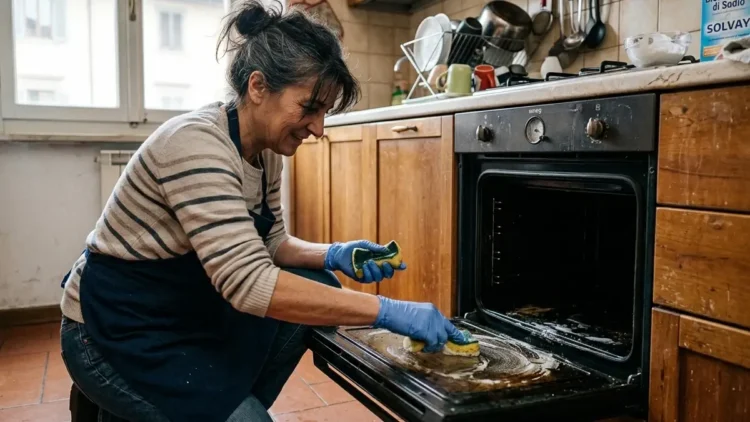 Pulizia del forno domestico con spugna e prodotti naturali