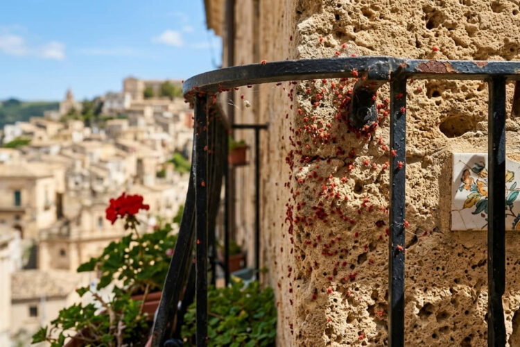 Ragusa ragnetti rossi su balcone assolato durante la primavera