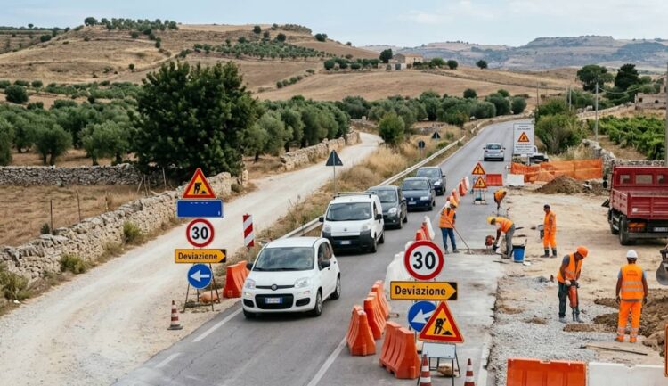 Cantiere sulla Ragusa SP60 vicino Magazzè con deviazioni verso Santa Croce Camerina