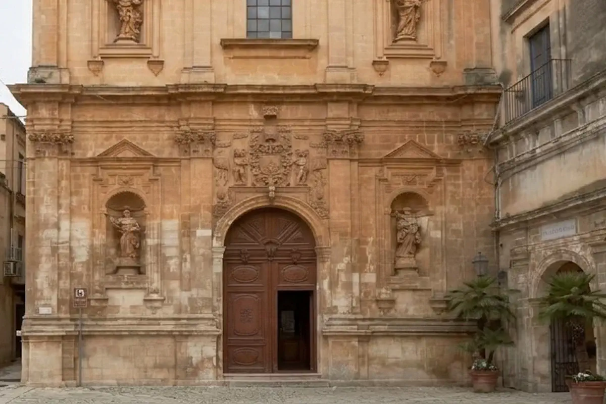 Facciata della Chiesa di San Domenico a Modica interessata dai lavori di restauro nel 2026.
