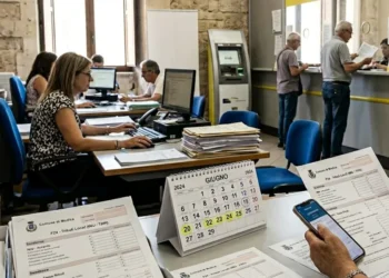 Ufficio tributi comunale con documenti fiscali e calcolatrice