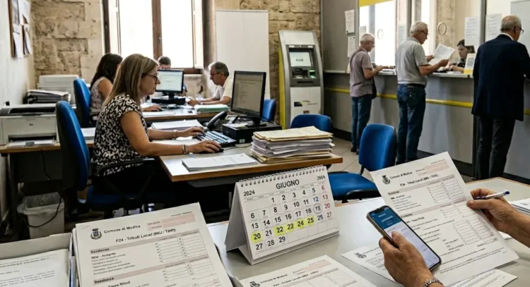 Ufficio tributi comunale con documenti fiscali e calcolatrice