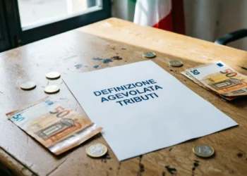Foglio Definizione agevolata tributi comunali su scrivania con calcolatrice, martelletto e banconote euro