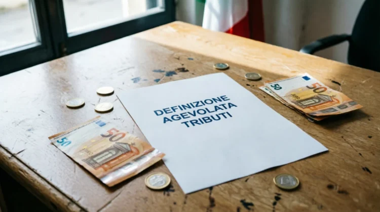 Foglio Definizione agevolata tributi comunali su scrivania con calcolatrice, martelletto e banconote euro