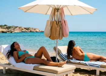 Due persone si rilassano su lettini sotto un ombrellone sulla spiaggia sabbiosa di Marina di Modica, con borse appese.