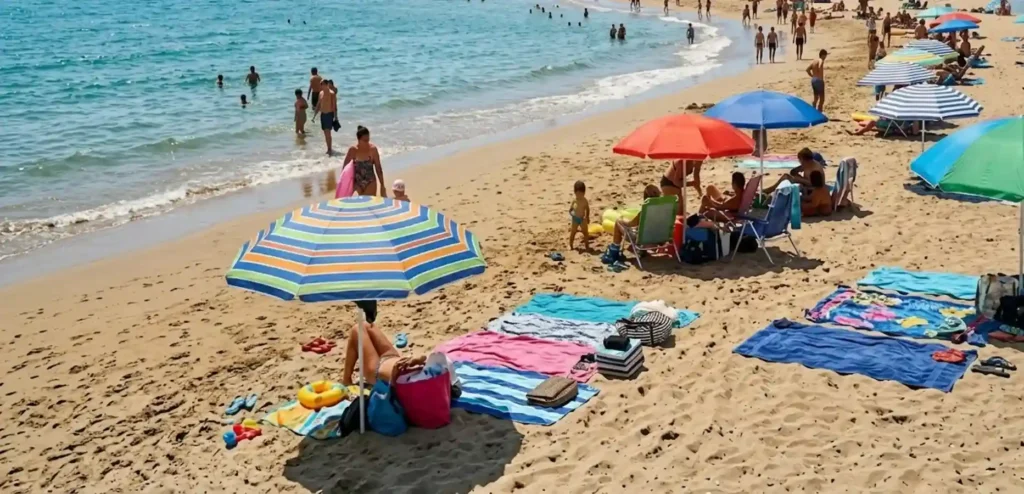 Veduta panoramica della spiaggia di Pietre Nere a Pozzallo in una giornata soleggiata, con ombrelloni colorati, bagnanti e la città costiera sullo sfondo sotto un cielo azzurro limpido.