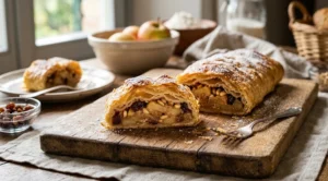 Strudel di mele preparato con pasta sfoglia pronta e zucchero a velo