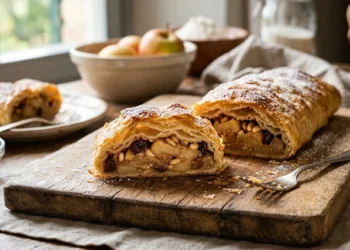 Strudel di mele preparato con pasta sfoglia pronta e zucchero a velo