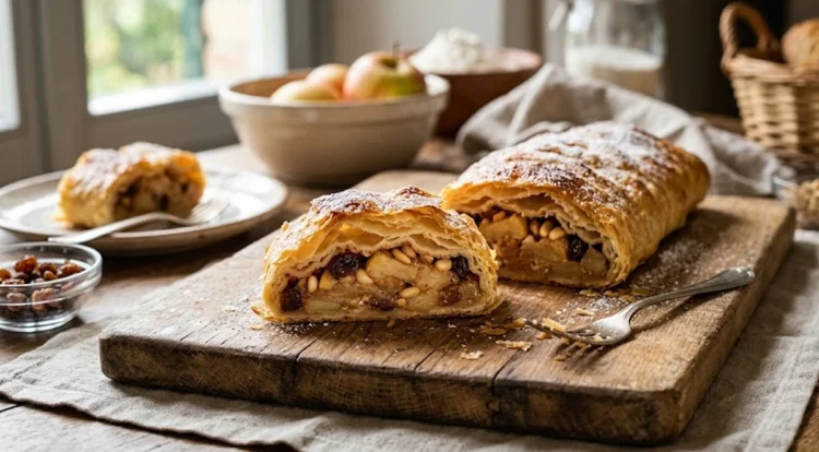 Strudel di mele preparato con pasta sfoglia pronta e zucchero a velo