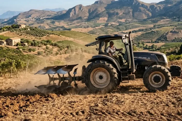 rattore agricolo in un campo siciliano durante la stagione di lavorazione 2025