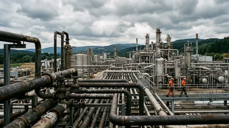 Impianto di estrazione gas con pipeline industriale sullo sfondo, paesaggio europeo