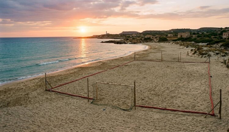 Campo da beach soccer sulla spiaggia di Scoglitti, sede delle Finali Scudetto Serie A Q8 2026