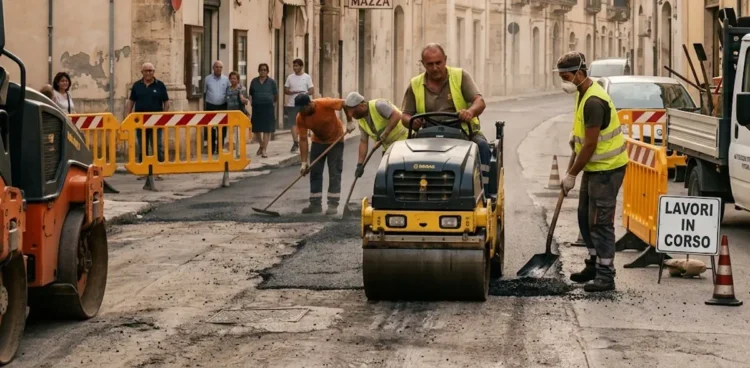 Operai al lavoro per il ripristino dell’asfalto in una strada di Vittoria