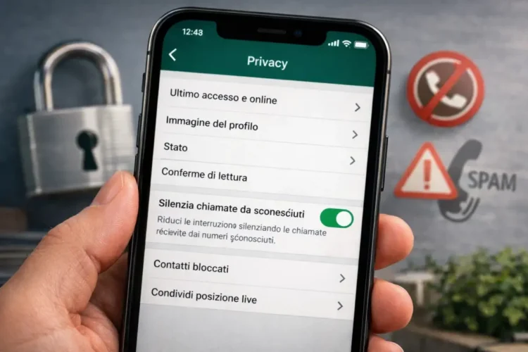 Schermata WhatsApp con funzione per silenziare chiamate sconosciute attiva