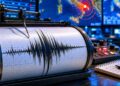 Illustrazione realizzata con Intelligenza Artificiale che rappresenta una sala di monitoraggio sismico notturna con sismografo, tracciato della scossa e schermi di analisi, in riferimento al terremoto magnitudo 6.2 registrato nel Tirreno meridionale