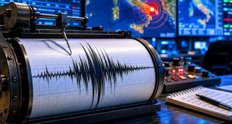 Illustrazione realizzata con Intelligenza Artificiale che rappresenta una sala di monitoraggio sismico notturna con sismografo, tracciato della scossa e schermi di analisi, in riferimento al terremoto magnitudo 6.2 registrato nel Tirreno meridionale