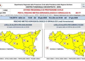 Mappa della Protezione Civile della Sicilia con allerta meteo gialla e aree interessate da rovesci e temporali per il 27 giugno