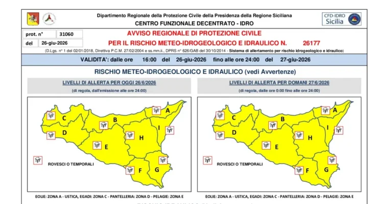 Mappa della Protezione Civile della Sicilia con allerta meteo gialla e aree interessate da rovesci e temporali per il 27 giugno