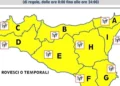 Mappa della Sicilia con allerta meteo gialla e previsione di rovesci e temporali su tutte le aree di allertamento