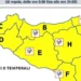 Mappa della Sicilia con allerta meteo gialla e previsione di rovesci e temporali su tutte le aree di allertamento