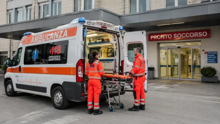 Ambulanza medicalizzata del 118 davanti a una struttura sanitaria con operatori impegnati nelle attività di emergenza territoriale