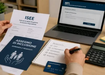 Persona consulta documenti ISEE e pratica per l’Assegno di Inclusione su un tavolo con computer e modulistica.