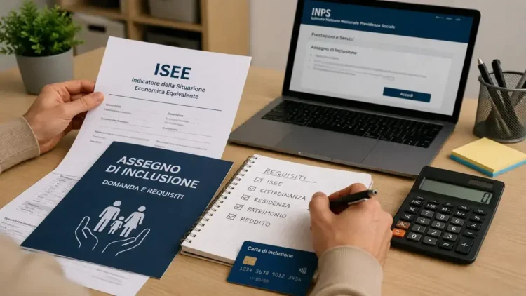 Persona consulta documenti ISEE e pratica per l’Assegno di Inclusione su un tavolo con computer e modulistica.