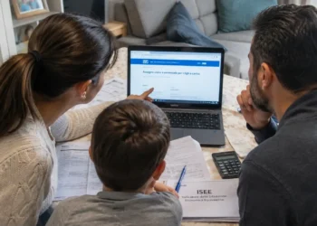 Famiglia al computer mentre consulta i documenti ISEE e i servizi INPS per l'Assegno Unico.