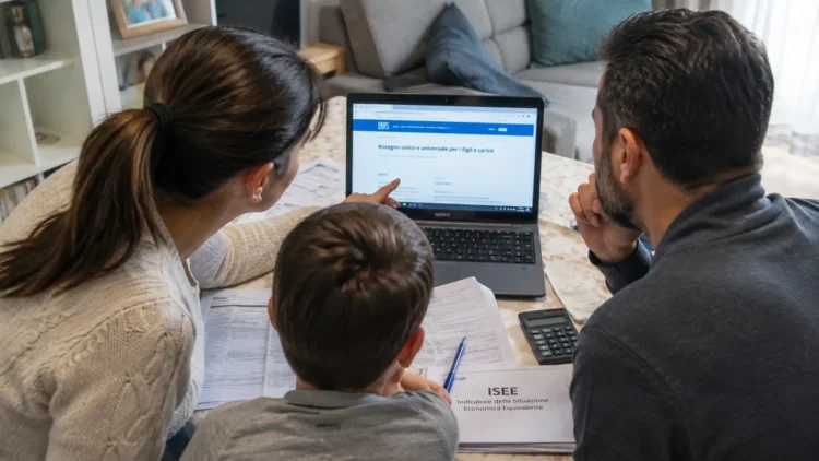 Famiglia al computer mentre consulta i documenti ISEE e i servizi INPS per l'Assegno Unico.