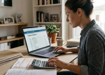 Famiglia che consulta un portale INPS su computer con calendario pagamenti assegno unico giugno 2026