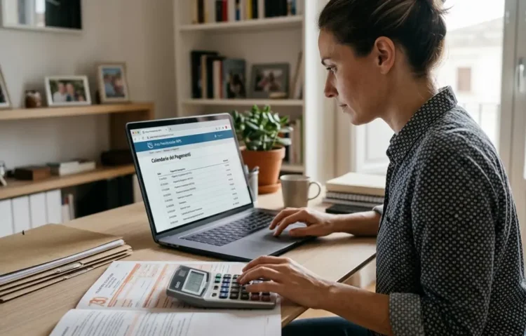 Famiglia che consulta un portale INPS su computer con calendario pagamenti assegno unico giugno 2026