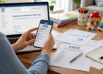 Genitore che consulta online la pratica INPS dell'Assegno Unico 2026 con documenti ISEE su un tavolo domestico.