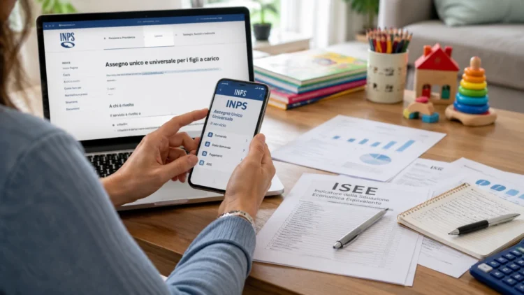 Genitore che consulta online la pratica INPS dell'Assegno Unico 2026 con documenti ISEE su un tavolo domestico.