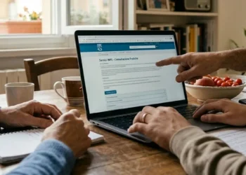 Famiglia al computer mentre consulta portale INPS per assegno unico giugno 2026