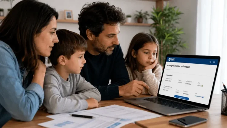 Famiglia italiana che controlla online i pagamenti dell’Assegno Unico di giugno 2026 dal computer di casa
