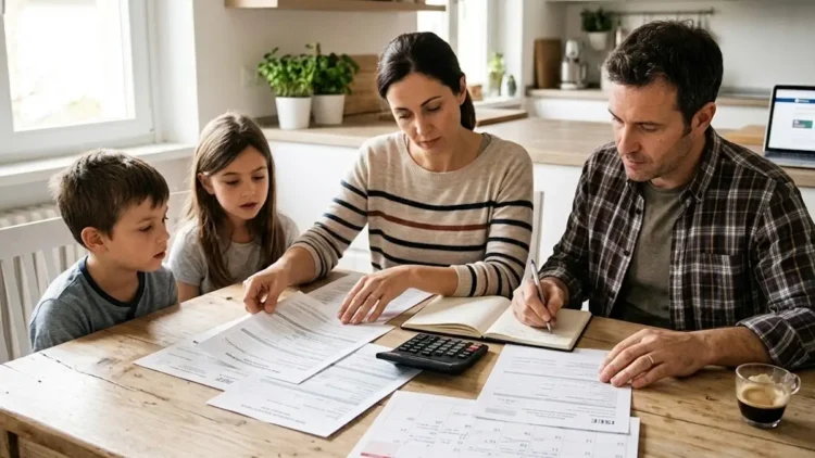 Immagine generata con intelligenza artificiale che mostra una famiglia mentre consulta documenti ISEE e calendario per l’assegno unico 2026