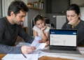 Famiglia consulta documenti ISEE e il portale INPS sul computer per l'aggiornamento dell'Assegno unico.