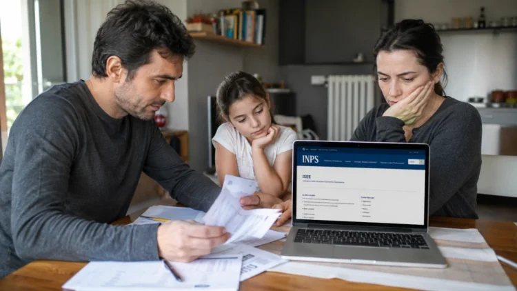 Famiglia consulta documenti ISEE e il portale INPS sul computer per l'aggiornamento dell'Assegno unico.