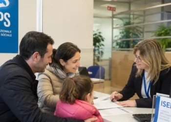Famiglia presso uno sportello CAF per l’aggiornamento dell’ISEE necessario all’Assegno Unico