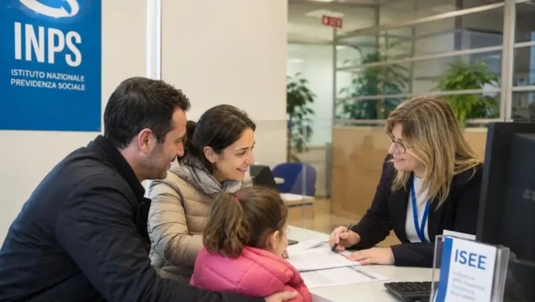 Famiglia presso uno sportello CAF per l’aggiornamento dell’ISEE necessario all’Assegno Unico