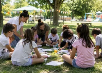 Bambini partecipano ad attività creative all'aperto insieme agli educatori durante un centro estivo in un parco.