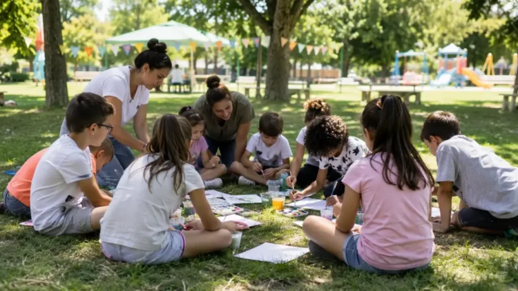 Bambini partecipano ad attività creative all'aperto insieme agli educatori durante un centro estivo in un parco.