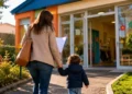 Immagine generata con intelligenza artificiale a scopo illustrativo che raffigura un genitore con un bambino all’ingresso di un asilo nido durante la presentazione della domanda per il Bonus asilo nido 2026
