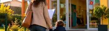 Immagine generata con intelligenza artificiale a scopo illustrativo che raffigura un genitore con un bambino all’ingresso di un asilo nido durante la presentazione della domanda per il Bonus asilo nido 2026