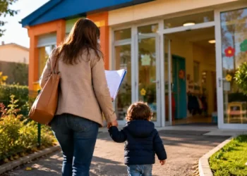 Immagine generata con intelligenza artificiale a scopo illustrativo che raffigura un genitore con un bambino all’ingresso di un asilo nido durante la presentazione della domanda per il Bonus asilo nido 2026