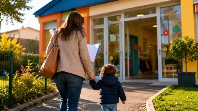 Immagine generata con intelligenza artificiale a scopo illustrativo che raffigura un genitore con un bambino all’ingresso di un asilo nido durante la presentazione della domanda per il Bonus asilo nido 2026