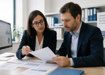 Datore di lavoro mentre analizza documenti per i bonus assunzioni 2026.